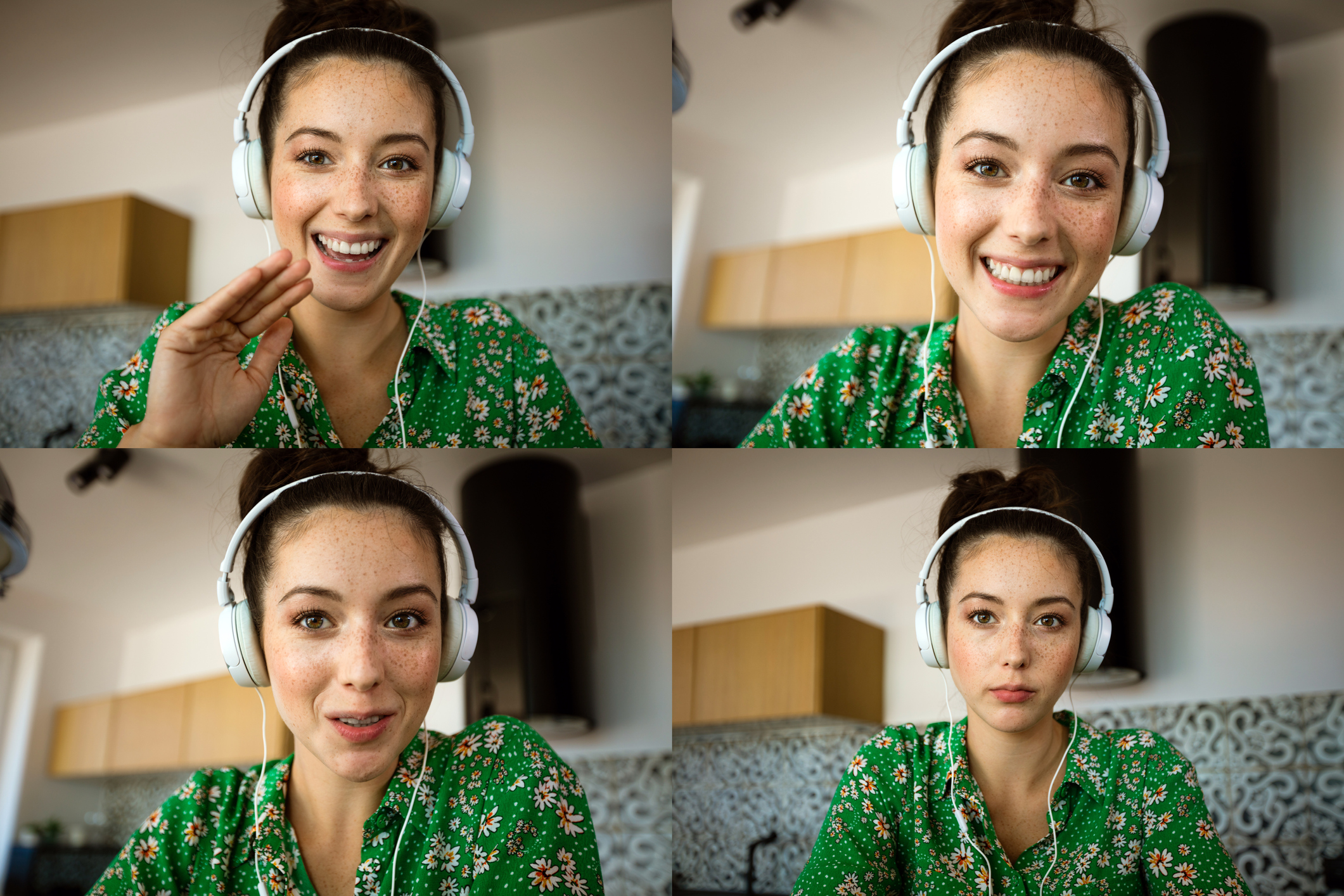 Four faces of young woman having video conference, using laptop. Composite images.