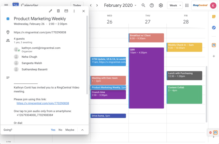 Example of Google Calendar’s integration with RingCentral